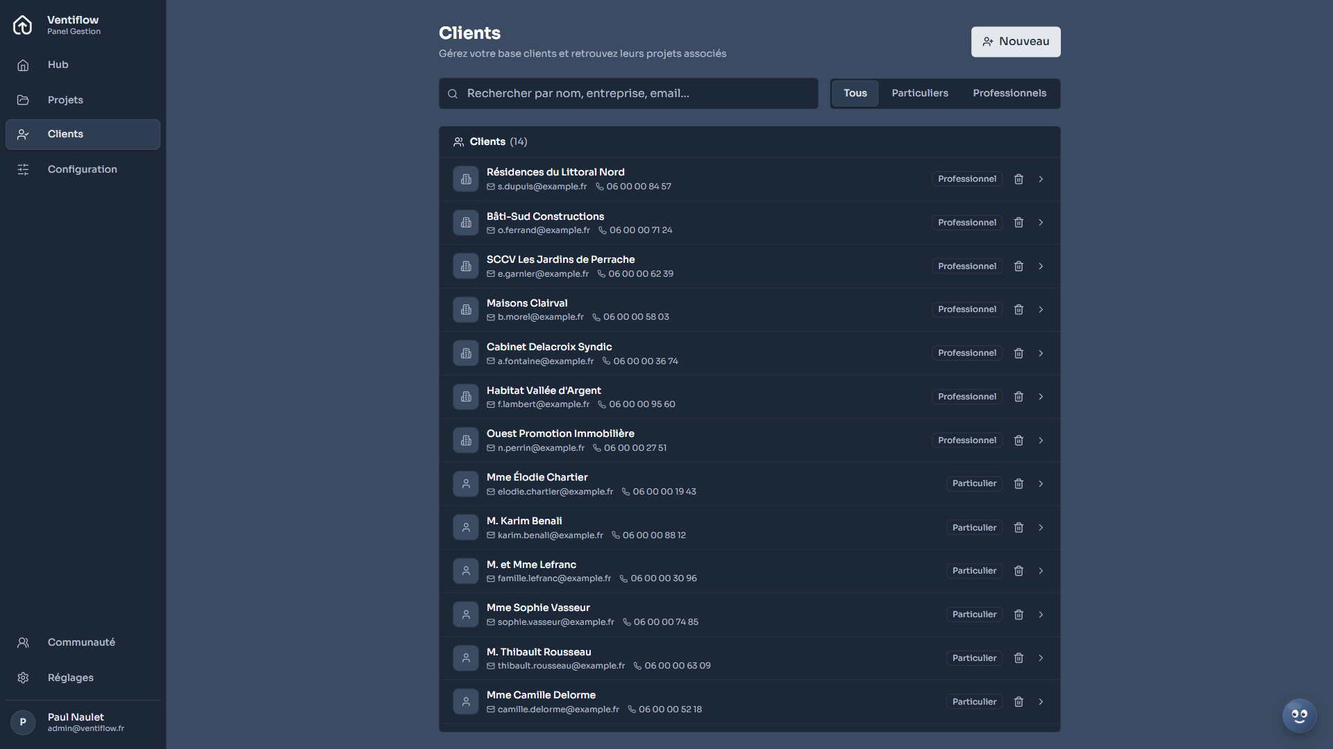 La liste des clients avec la recherche et les filtres Particuliers et Professionnels