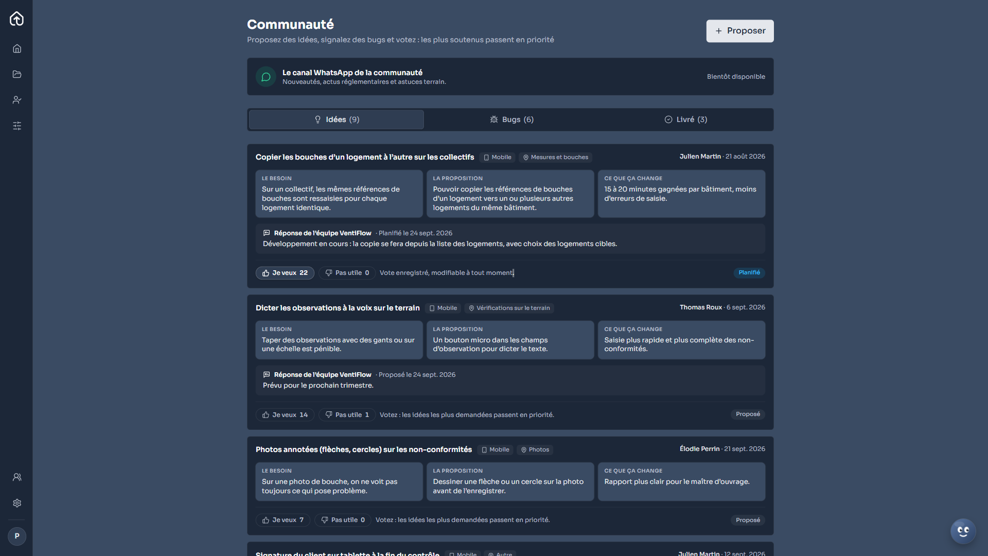 Page Communauté avec les onglets Idées, Bugs et Livré