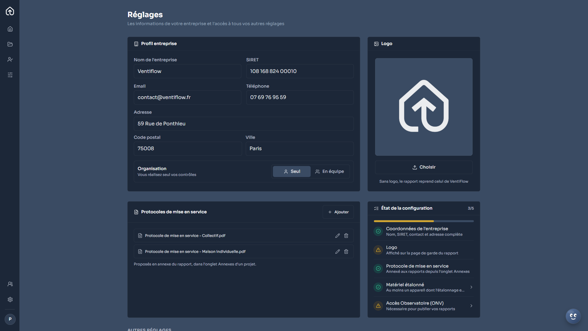 La page Réglages avec le profil entreprise, le logo, les protocoles et l'état de la configuration