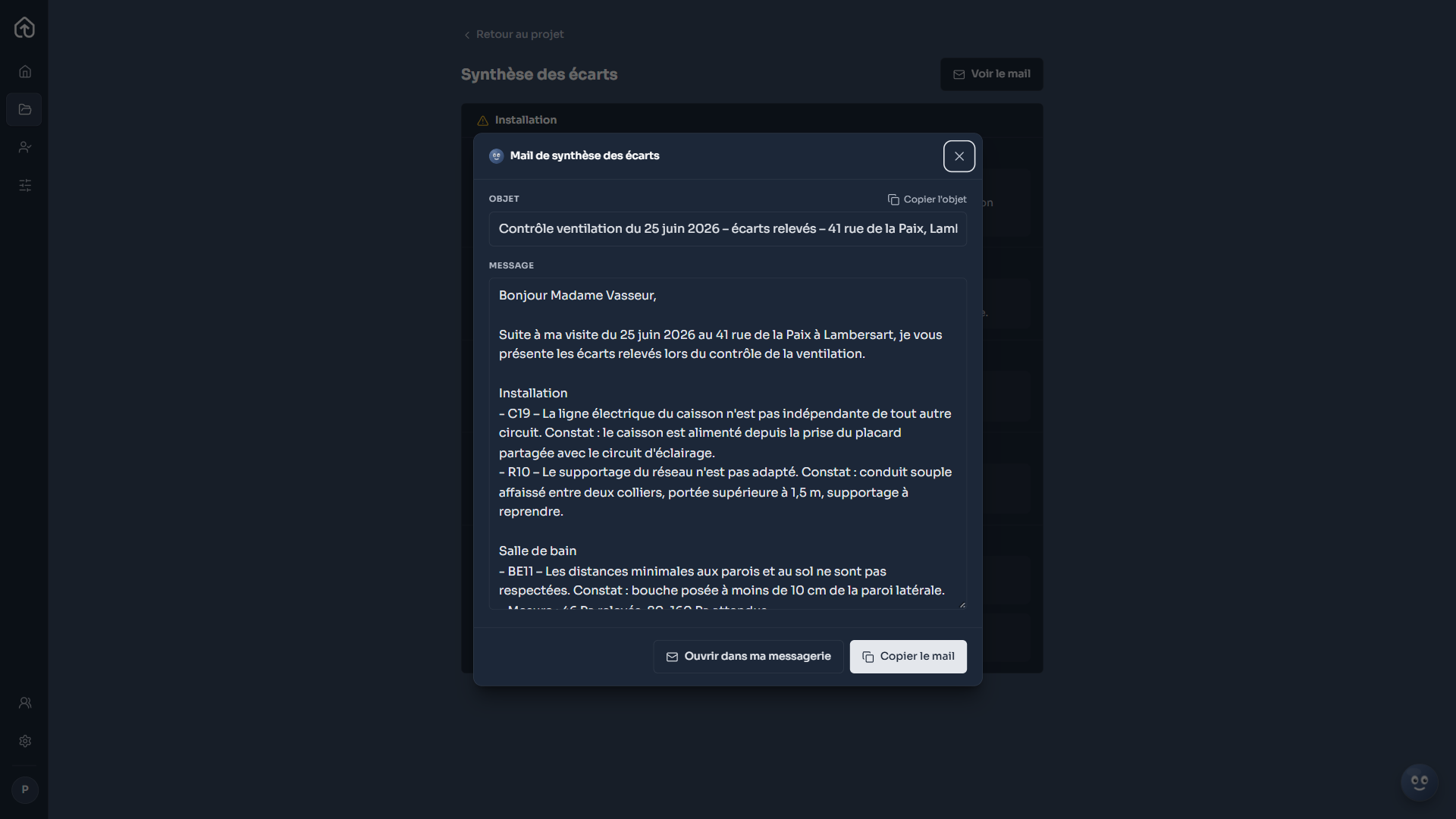 Fenêtre du mail de synthèse des écarts rédigé par Roger