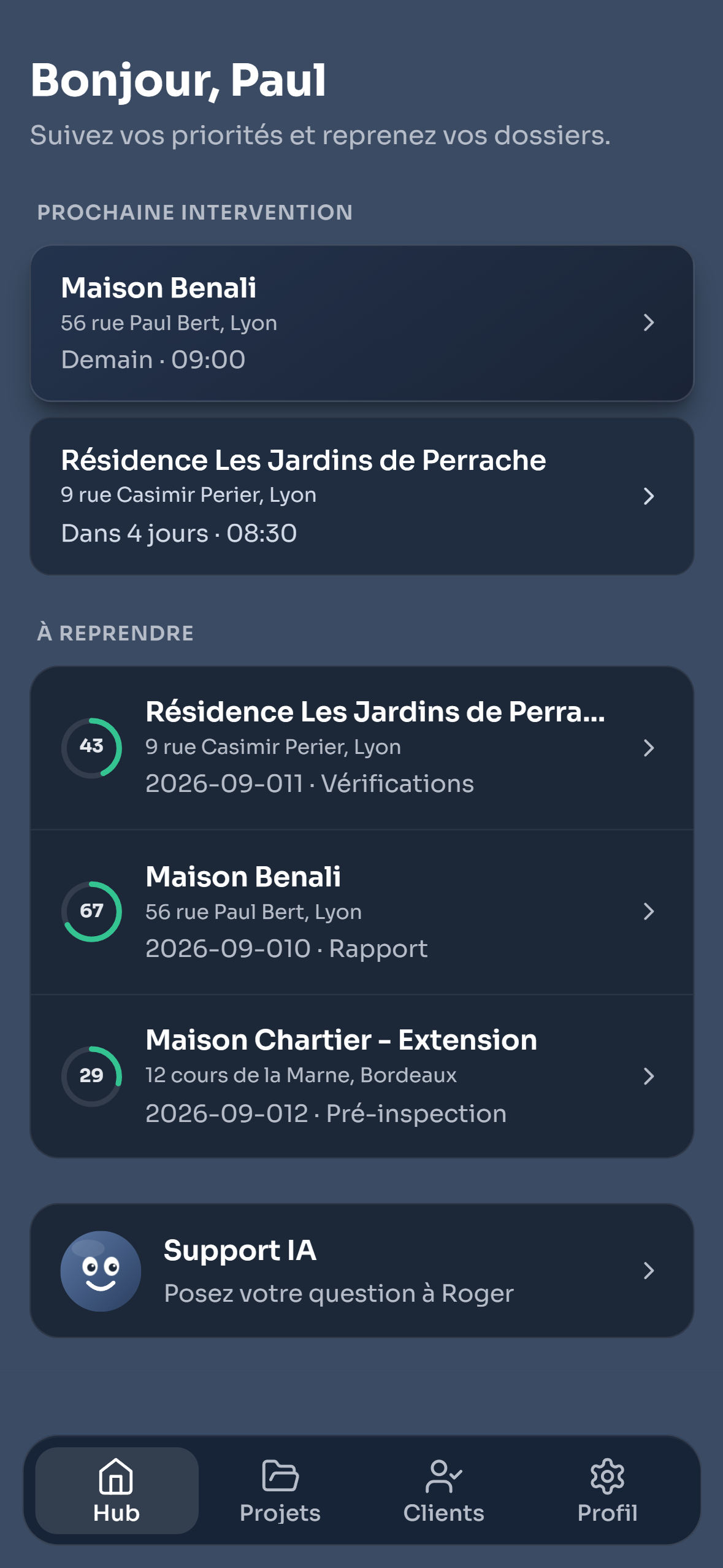 Le Hub sur téléphone : prochaine intervention, dossiers à reprendre et Support IA