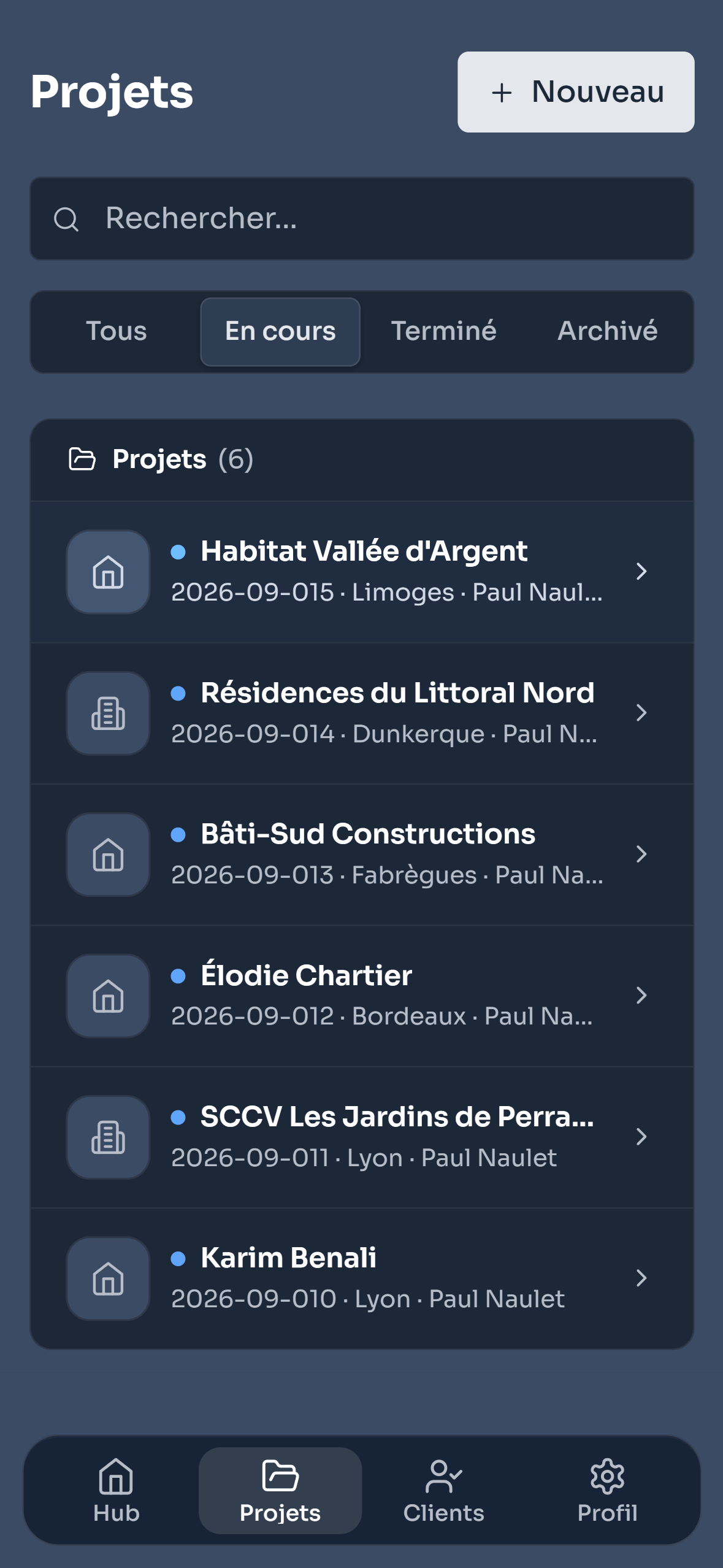 Liste des projets sur téléphone