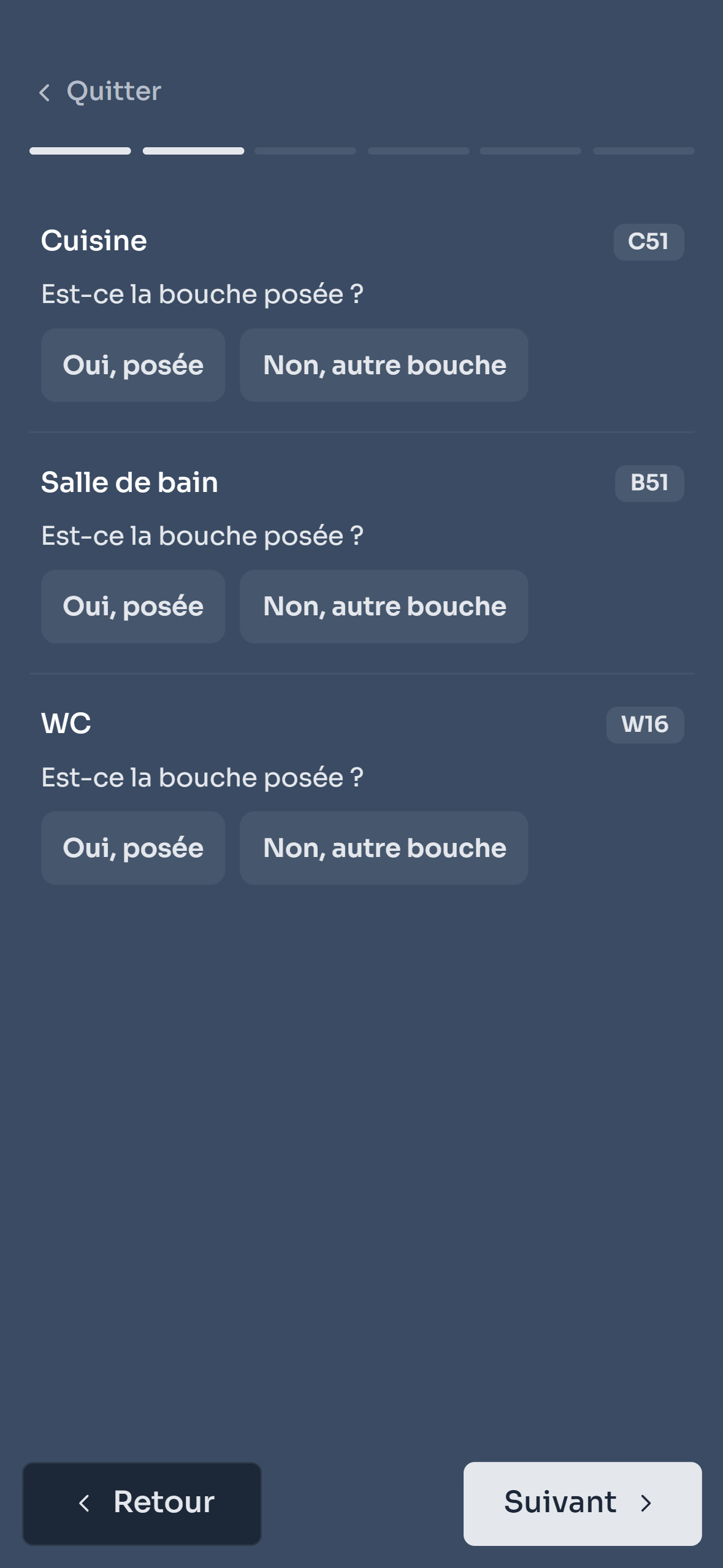 Étape Références : question Est-ce la bouche posée pour la cuisine, la salle de bain et le WC