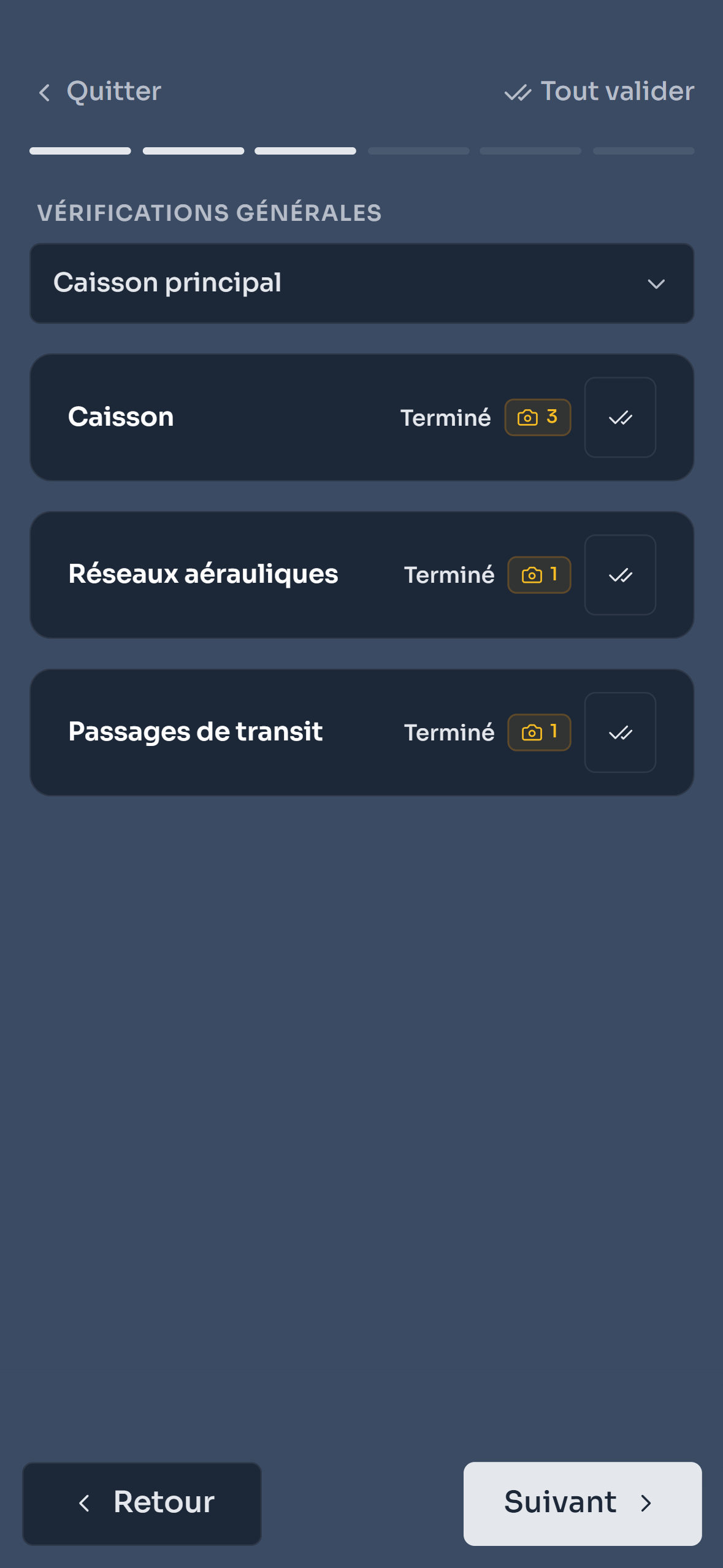 Étape Vérifications générales : sections Caisson, Réseaux aérauliques et Passages de transit terminées