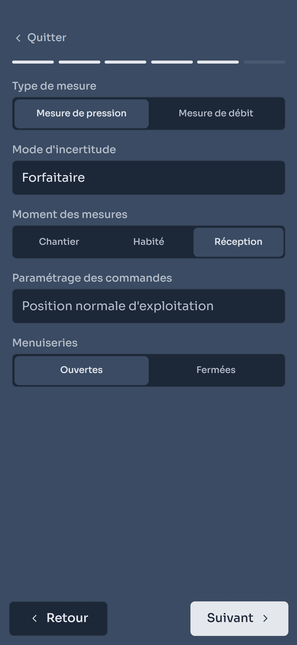 Étape Conditions de mesure : type de mesure, mode d'incertitude, moment des mesures et menuiseries