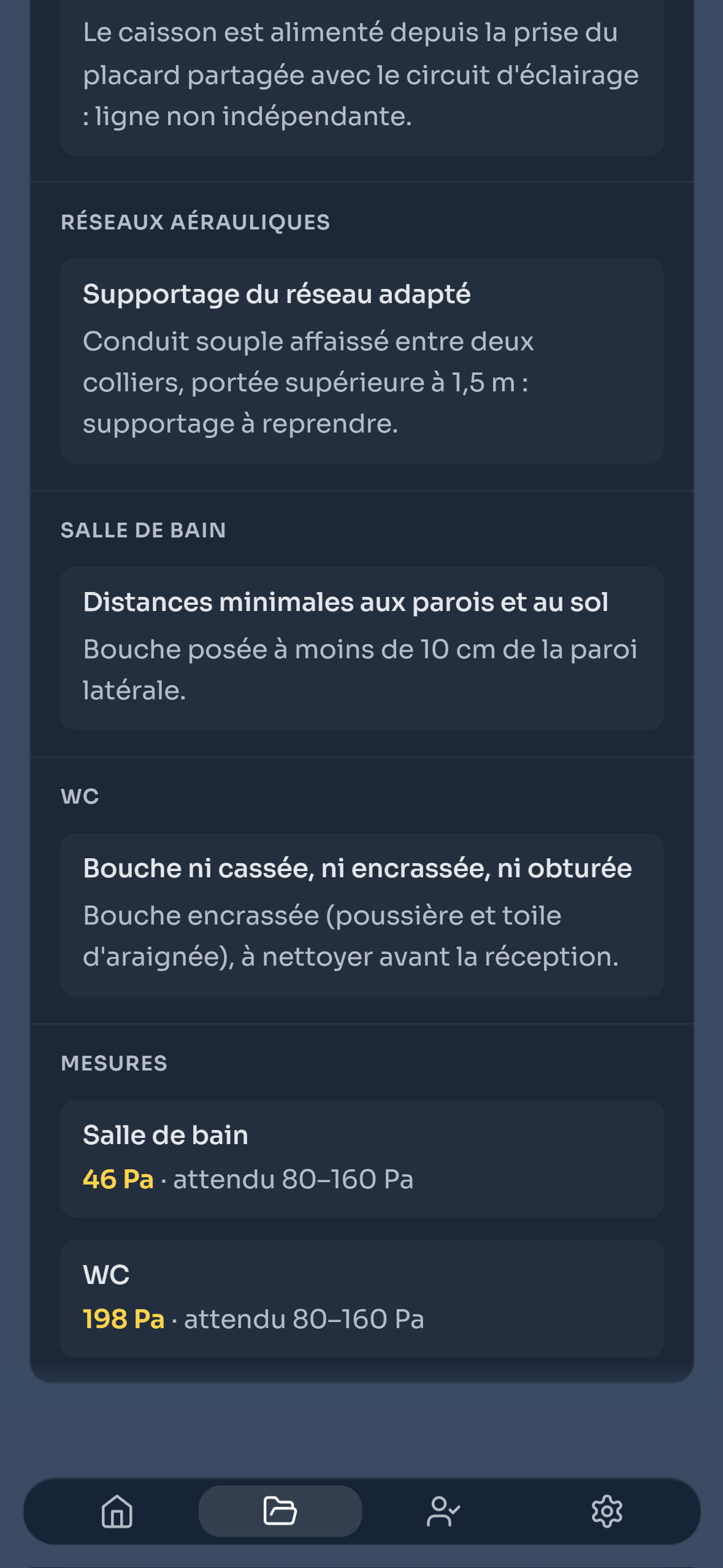 Synthèse des écarts : rubrique Mesures avec 46 Pa et 198 Pa pour une plage attendue de 80–160 Pa